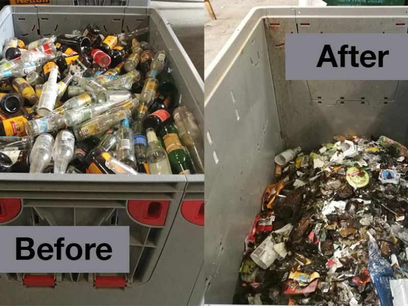 Glas Flaschenzerkleinerer input - output